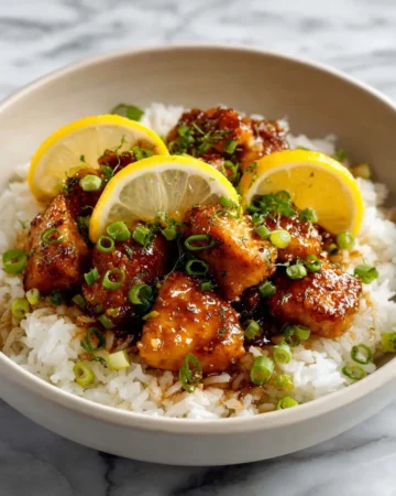 Delicious Lemon Chicken Chinese Style served with rice and vegetables