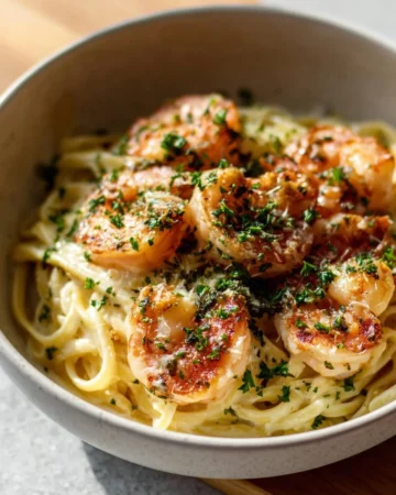 Plate of Lemon Shrimp Pasta garnished with fresh herbs and lemon zest