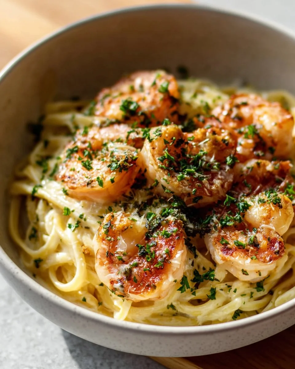 Plate of Lemon Shrimp Pasta garnished with fresh herbs and lemon zest