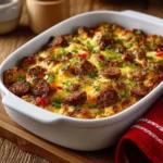 Delicious loaded breakfast casserole with eggs, cheese, and vegetables