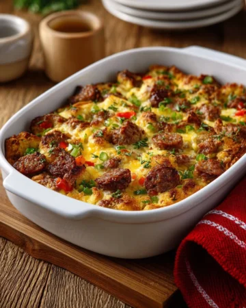 Delicious loaded breakfast casserole with eggs, cheese, and vegetables