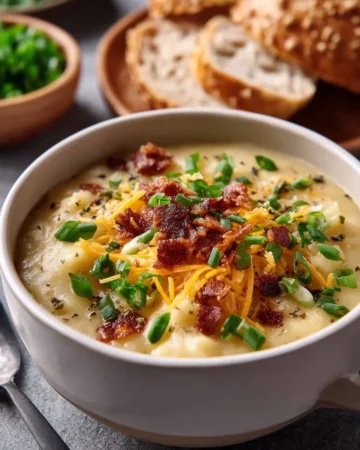 Bowl of creamy Loaded Potato Soup garnished with cheese and green onions