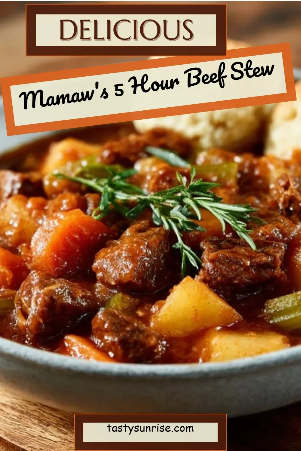 Delicious bowl of Mamaw's 5 Hour Beef Stew with fresh vegetables and herbs