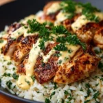 Plate of Mexican Chicken with Cheese Sauce garnished with fresh herbs.