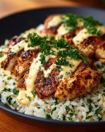 Plate of Mexican Chicken with Cheese Sauce garnished with fresh herbs.