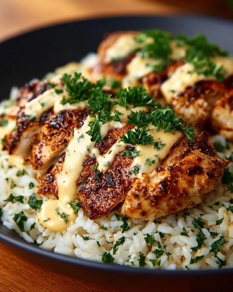 Plate of Mexican Chicken with Cheese Sauce garnished with fresh herbs.