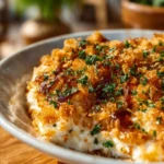 Delicious Million Dollar Chicken Casserole topped with cheese and herbs