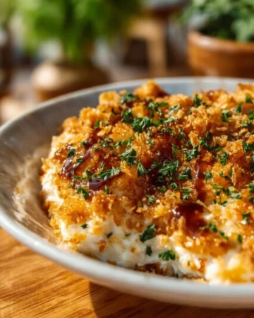 Delicious Million Dollar Chicken Casserole topped with cheese and herbs