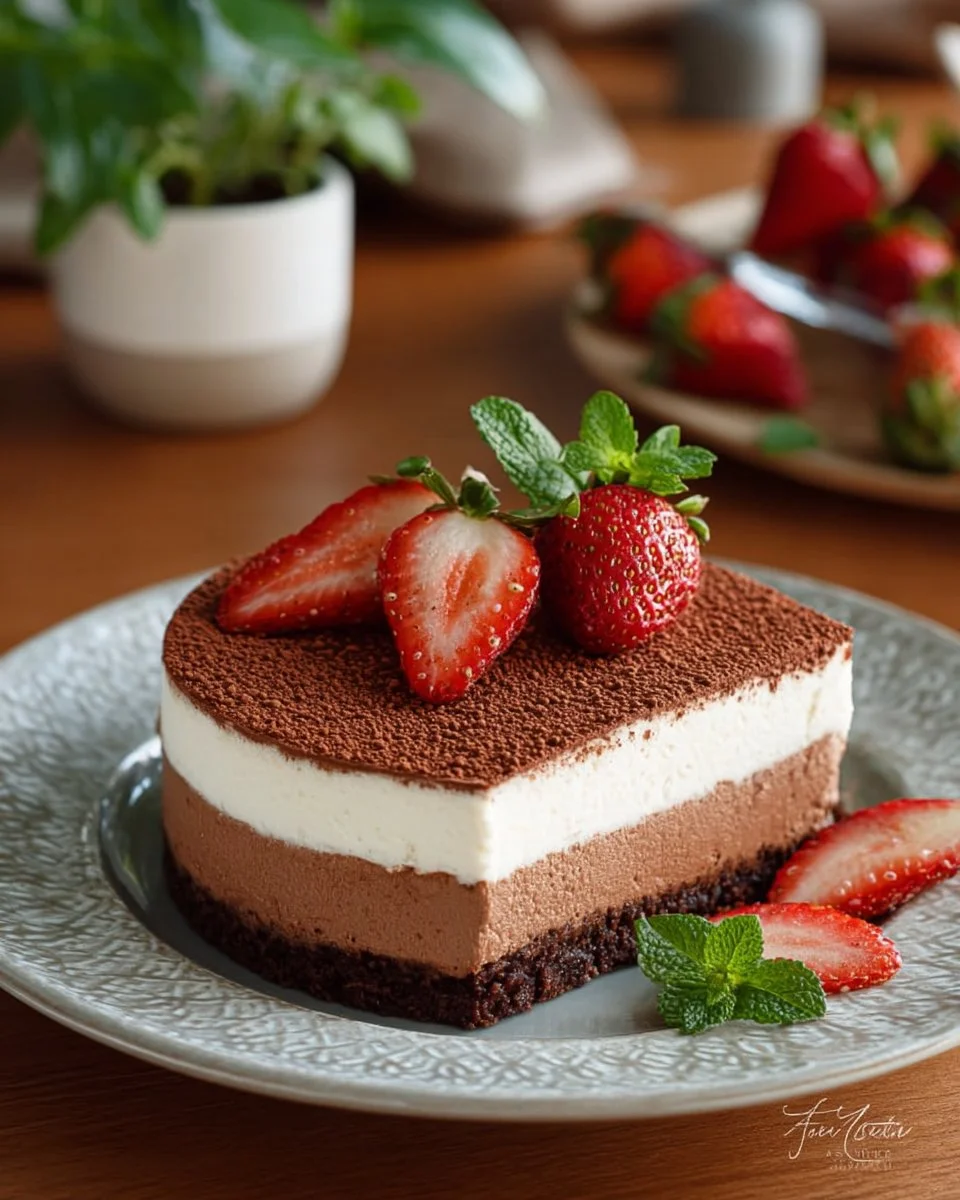 No-bake triple chocolate mousse cake topped with chocolate shavings and berries