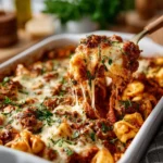 No-Boil Sausage and Vegetable Tortellini Bake ready to serve