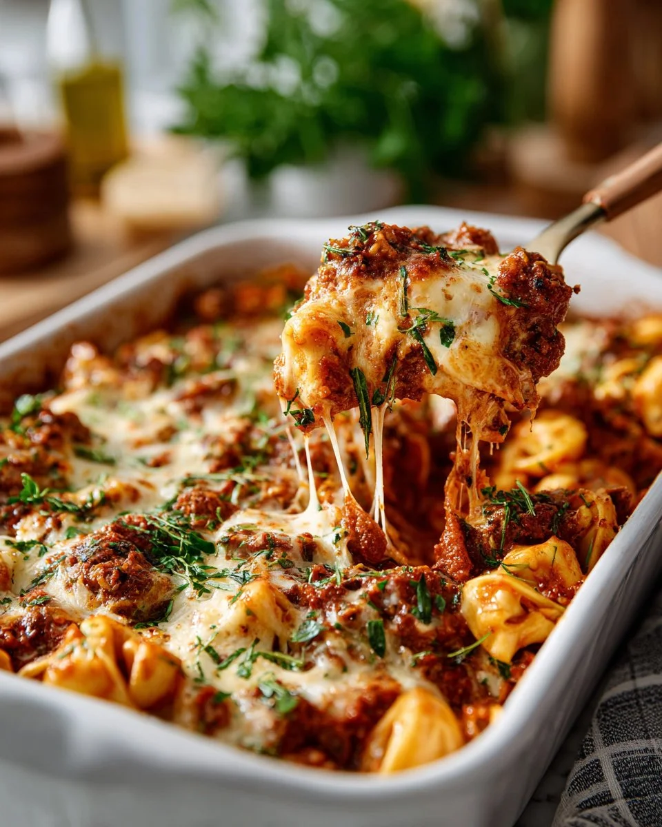 No-Boil Sausage and Vegetable Tortellini Bake ready to serve