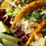 Delicious old school beef taco served on a plate with toppings