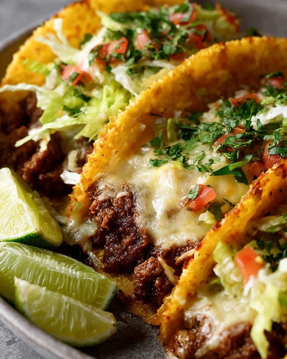 Delicious old school beef taco served on a plate with toppings