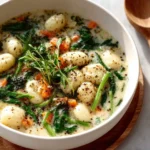 Bowl of Olive Garden Chicken Gnocchi Soup with fresh herbs
