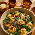 One Pan Creamy Sun-Dried Tomato Tortellini with fresh herbs and cheese