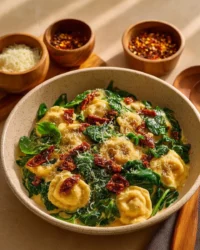 One Pan Creamy Sun-Dried Tomato Tortellini with fresh herbs and cheese
