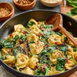 One Pan Creamy Sun-Dried Tomato Tortellini dish garnished with herbs