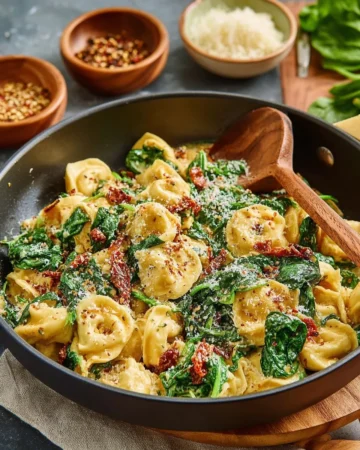 One Pan Creamy Sun-Dried Tomato Tortellini dish garnished with herbs