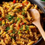 One Pot Cheesy Taco Pasta with ground beef, cheese, and spices in a skillet