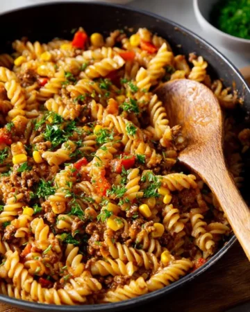 One Pot Cheesy Taco Pasta with ground beef, cheese, and spices in a skillet