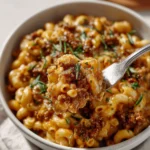 One-Pot Chili Mac dish with pasta and chili sauce