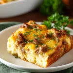 Overnight sausage and egg breakfast casserole served on a plate