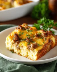 Overnight sausage and egg breakfast casserole served on a plate
