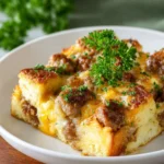 Delicious overnight sausage and egg breakfast casserole ready to serve