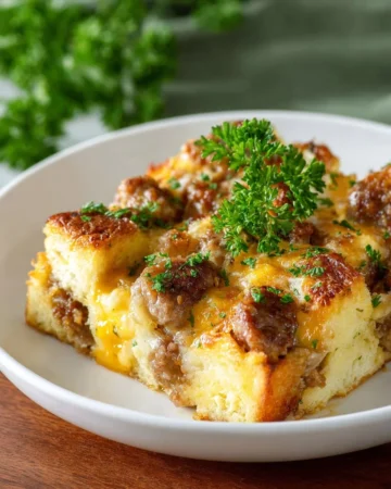 Delicious overnight sausage and egg breakfast casserole ready to serve
