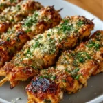 Ranch Garlic Parmesan Chicken Skewers garnished with fresh herbs on a plate