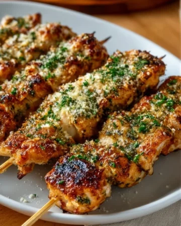 Ranch Garlic Parmesan Chicken Skewers garnished with fresh herbs on a plate