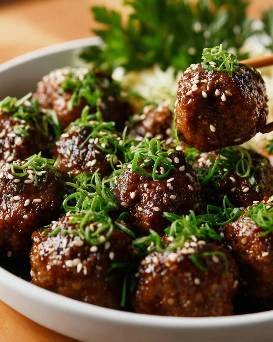 Delicious saucy Asian meatballs served on a plate with chopsticks