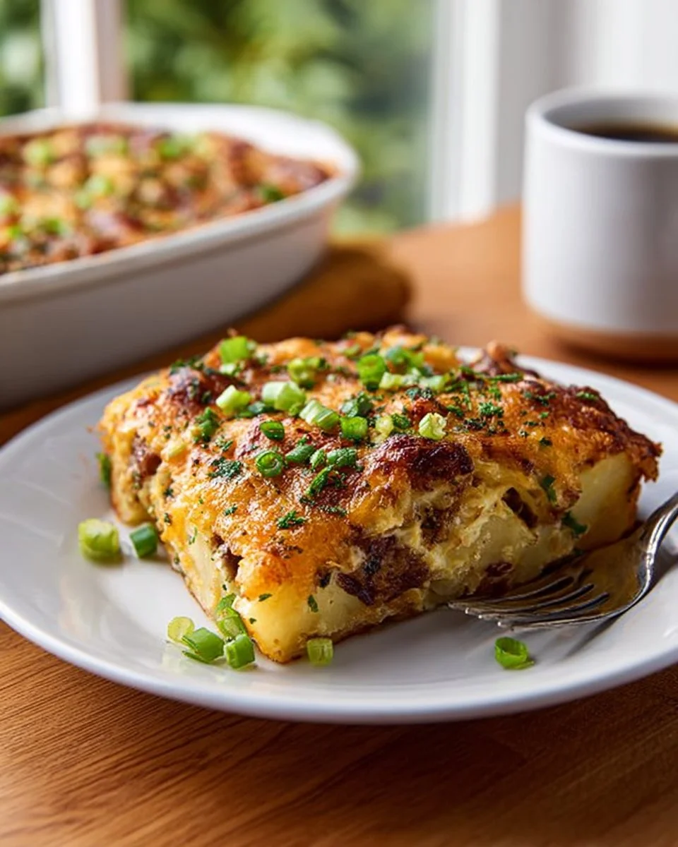 Savory breakfast potato bake with crispy edges and fresh herbs