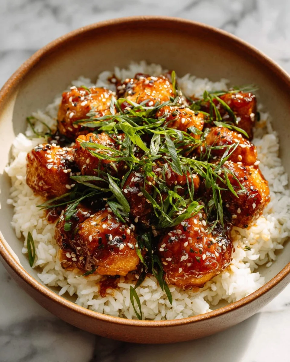 Plate of sesame chicken garnished with sesame seeds and green onions