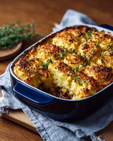 Delicious homemade Shepherd's Pie served in a rustic dish