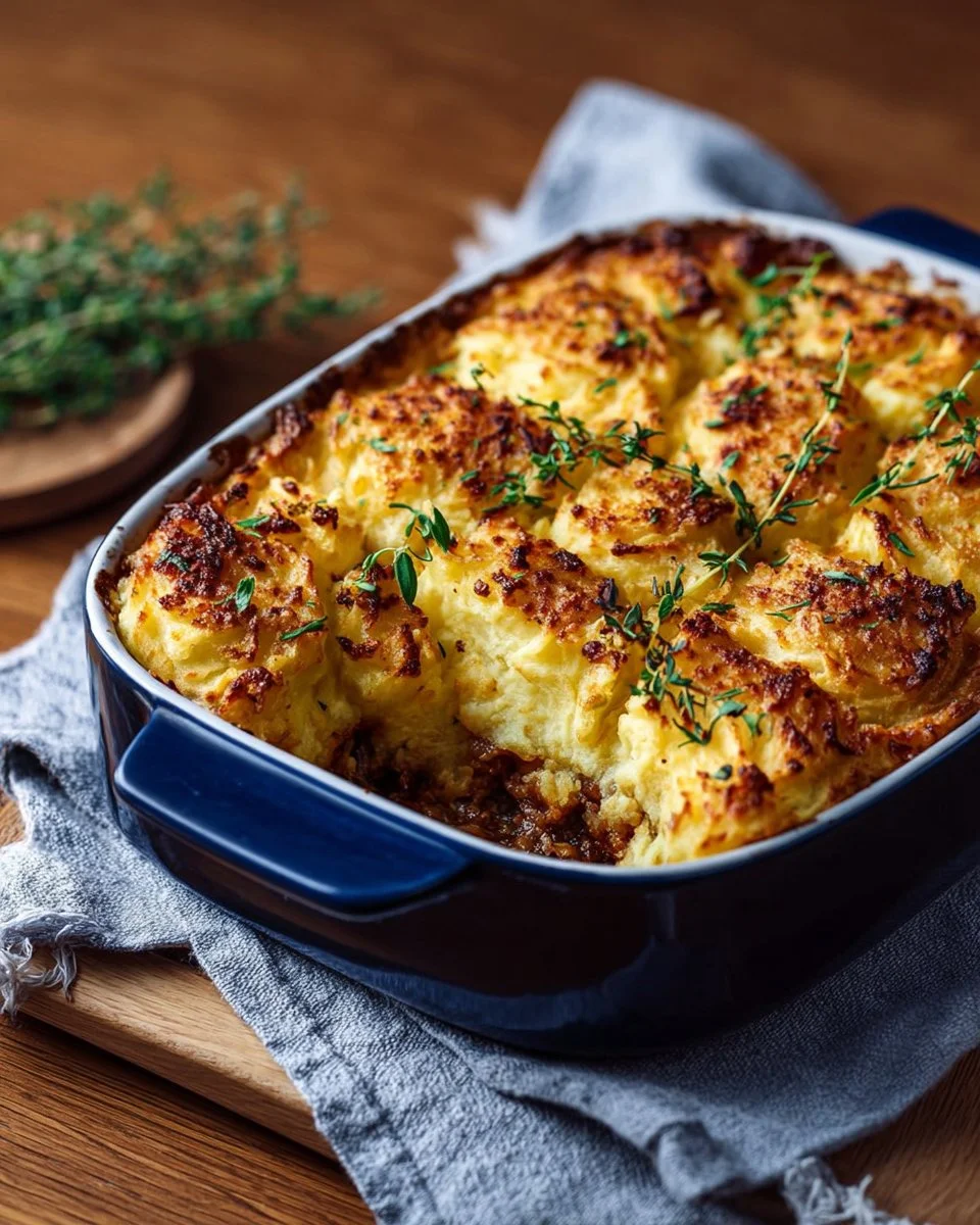 Delicious homemade Shepherd's Pie served in a rustic dish