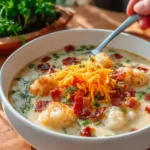 Bowl of creamy slow cooker potato and leek soup with herbs on top