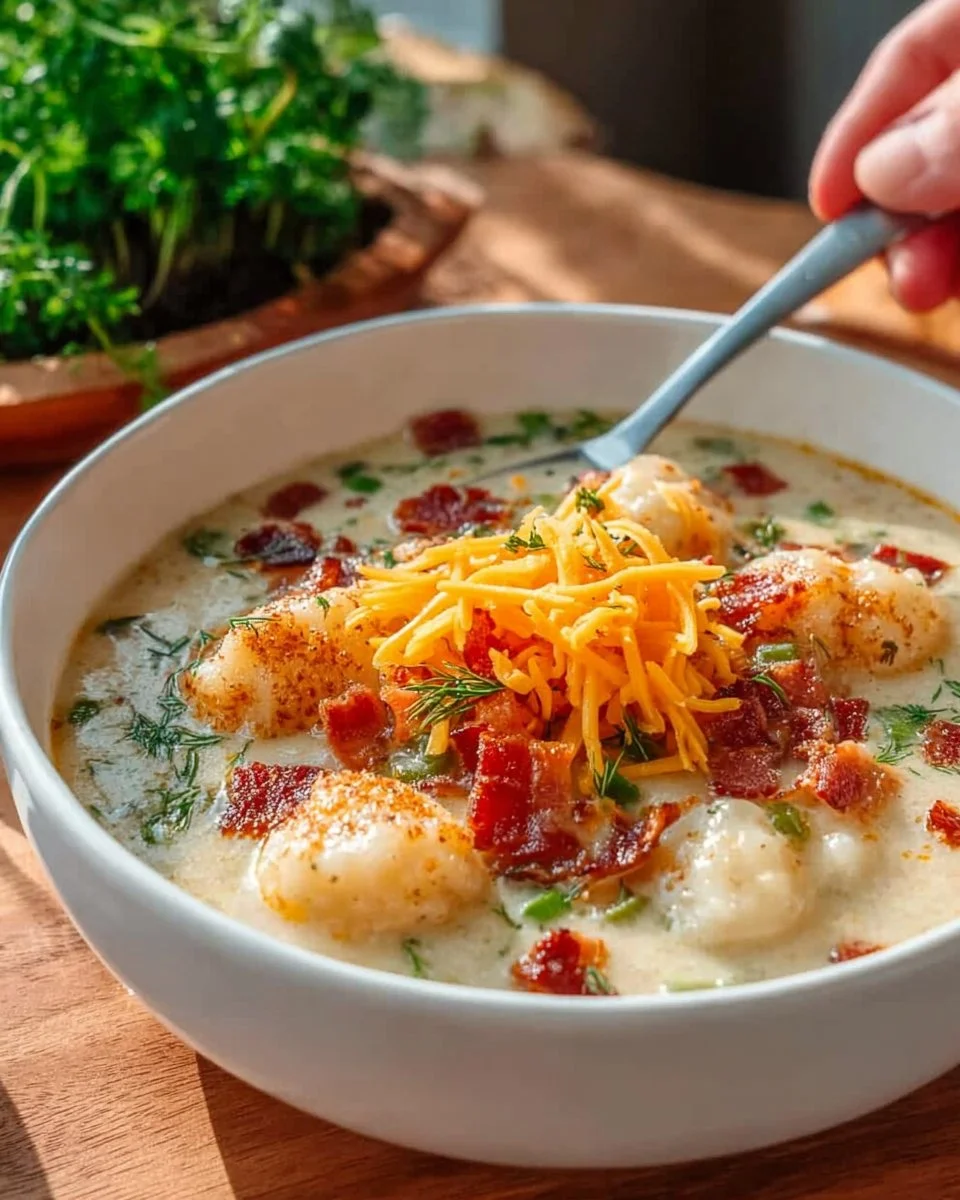 Bowl of creamy slow cooker potato and leek soup with herbs on top