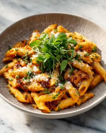 Delicious bowl of spicy bacon tomato pasta topped with fresh herbs.