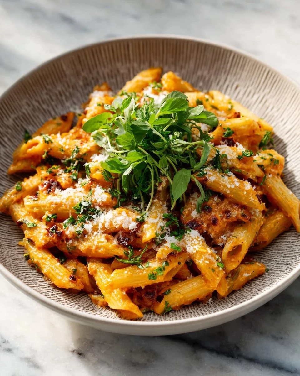 Delicious bowl of spicy bacon tomato pasta topped with fresh herbs.