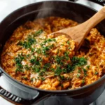 A delicious bowl of Spicy Italian Sausage Orzo garnished with fresh herbs.
