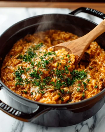 A delicious bowl of Spicy Italian Sausage Orzo garnished with fresh herbs.