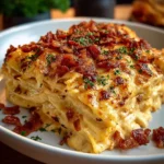 Spicy Southern cheesy chicken spaghetti casserole served in a baking dish.