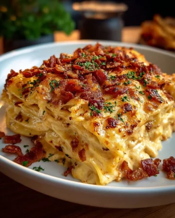 Spicy Southern cheesy chicken spaghetti casserole served in a baking dish.