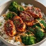 Delicious sticky chicken rice bowls with vibrant vegetables and flavors.