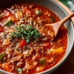 Bowl of delicious stuffed pepper soup topped with herbs