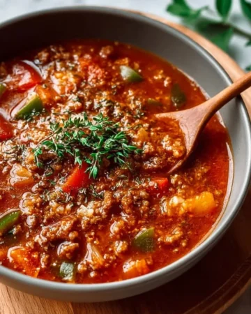 Bowl of delicious stuffed pepper soup topped with herbs