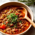 Bowl of hearty stuffed pepper soup garnished with fresh herbs