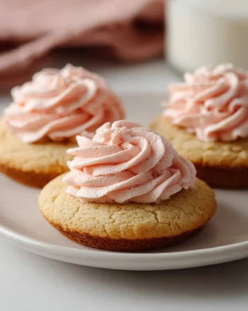 Sugar cookie buttercream frosting spread on freshly baked cookies.