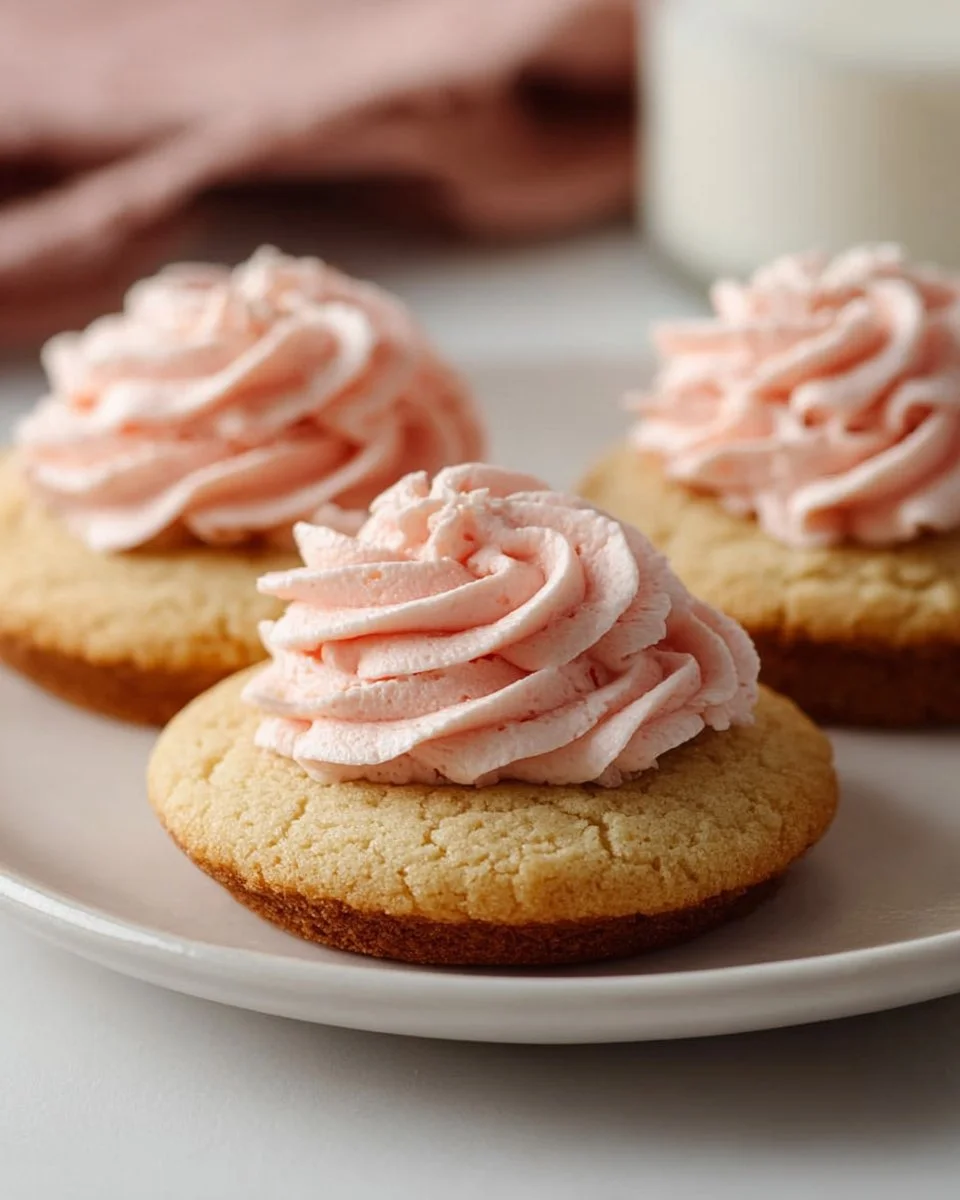 Sugar cookie buttercream frosting spread on freshly baked cookies.